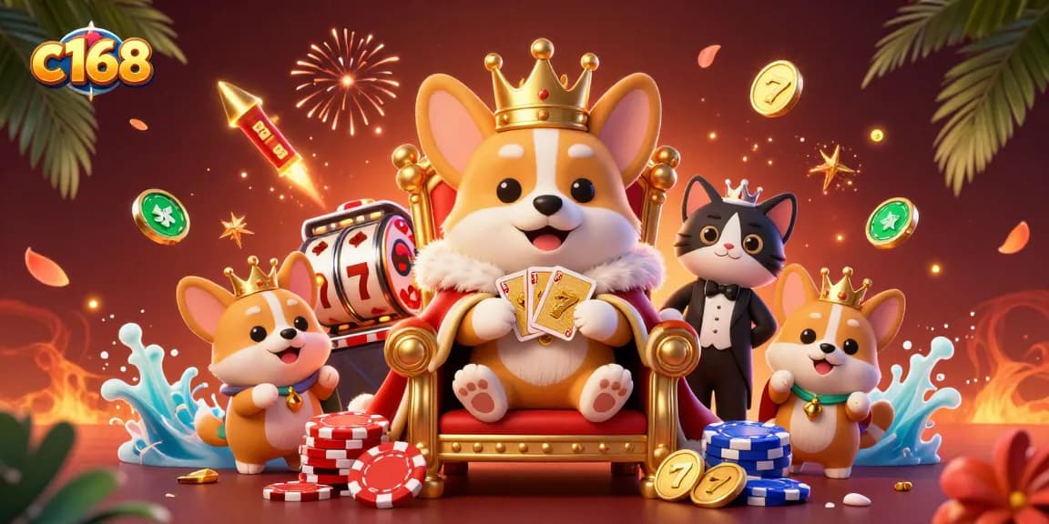 C168 players enjoying a vibrant casino scene with corgis and golden cards, immersing in exciting gameplay