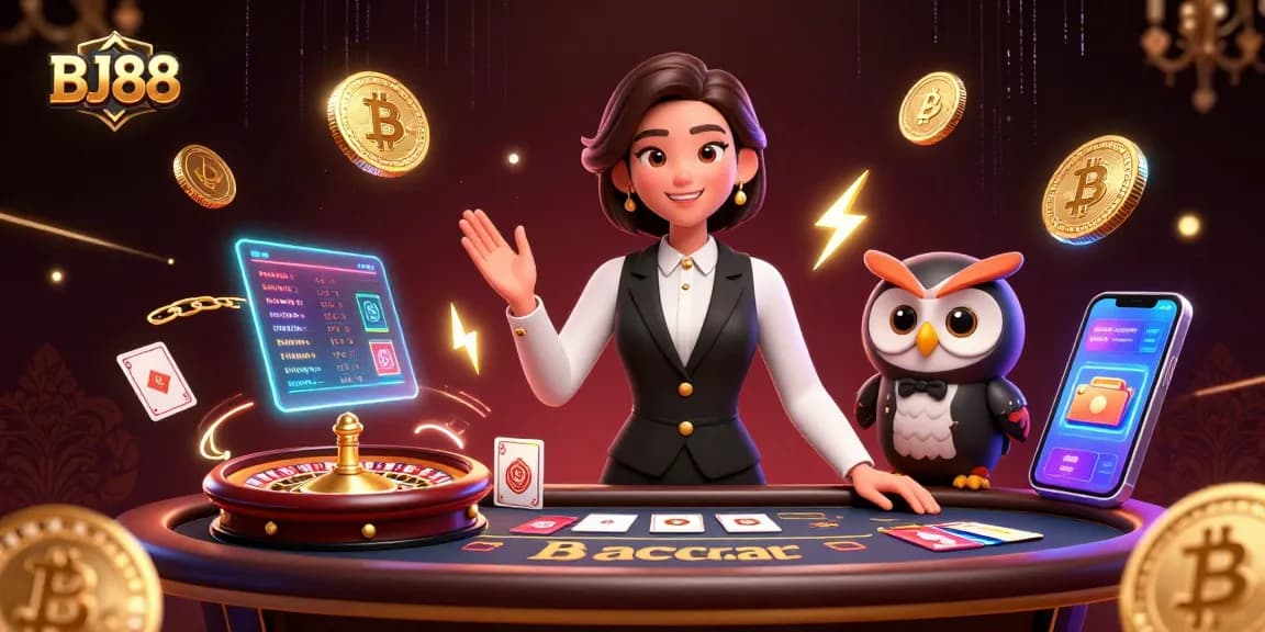 Join the action at BJ88 with live dealers and vibrant casino elements in this 3D illustration.