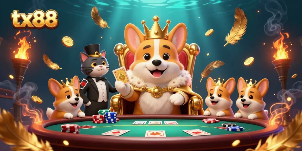 Experience thrilling poker action with tx88 in a vibrant scene featuring royal corgi and players.