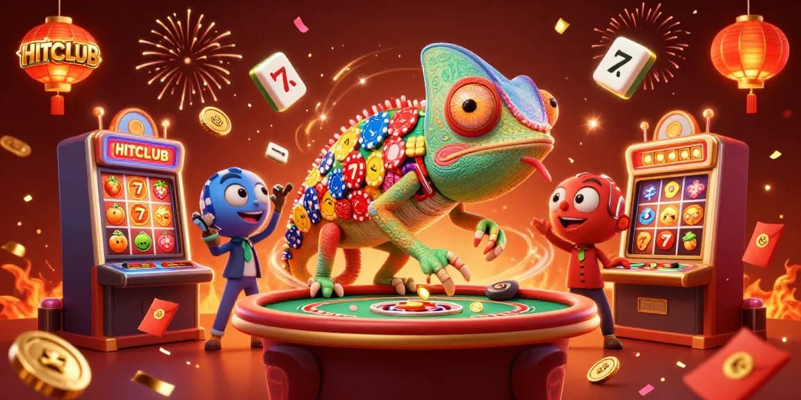 Experience HITCLUB with the vibrant casino chameleon capturing coins amidst lively game elements.