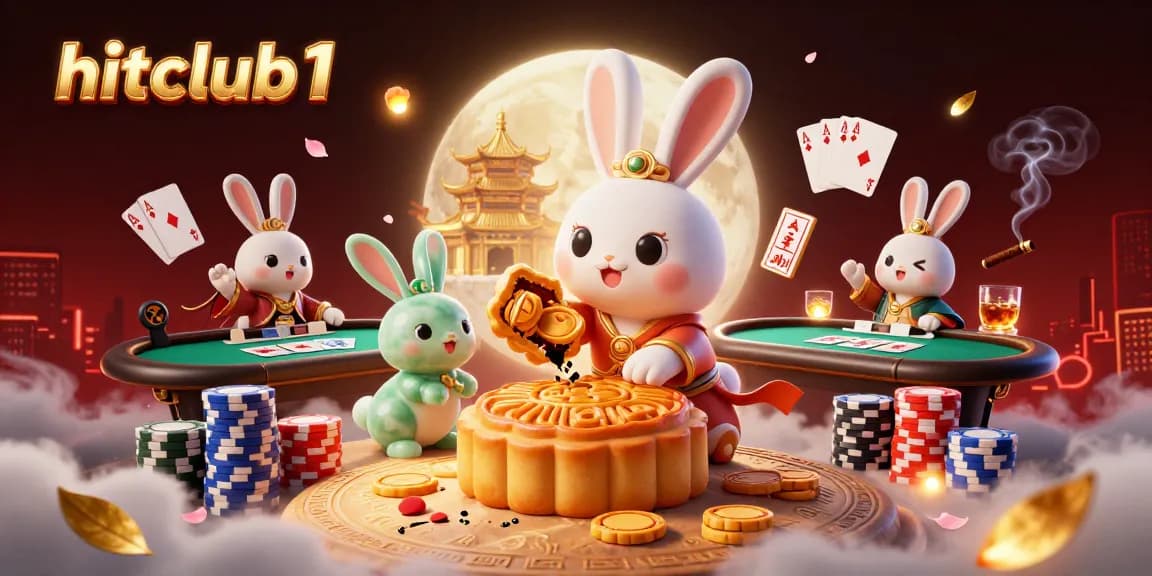 Hitclub1 moon rabbit illustration revealing poker chips, vibrant casino elements in 3D.