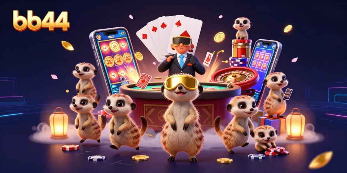 Experience the vibrant casino scene with bb44's meerkat dealers in this colorful 3D illustration.