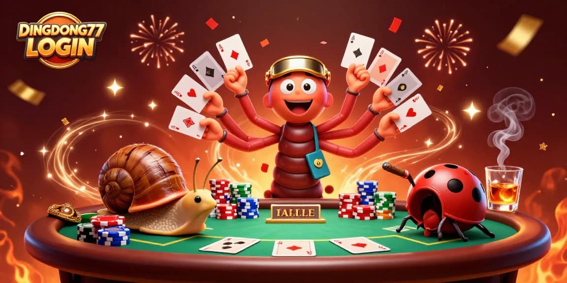 Engaging gaming scene showcasing DINGDONG77 LOGIN with vibrant characters, poker actions, and festive elements.
