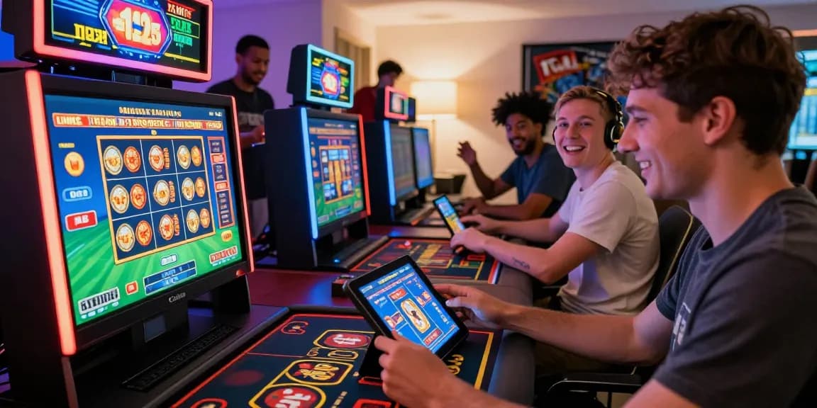 LUCK8 online gambling platform with players engaged in exciting casino games, showcasing vibrant digital interfaces and a lively atmosphere.