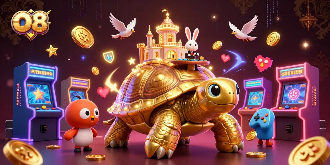 O8 engages players with a vibrant 3D casino illustration featuring golden elements and dynamic gaming scenes.