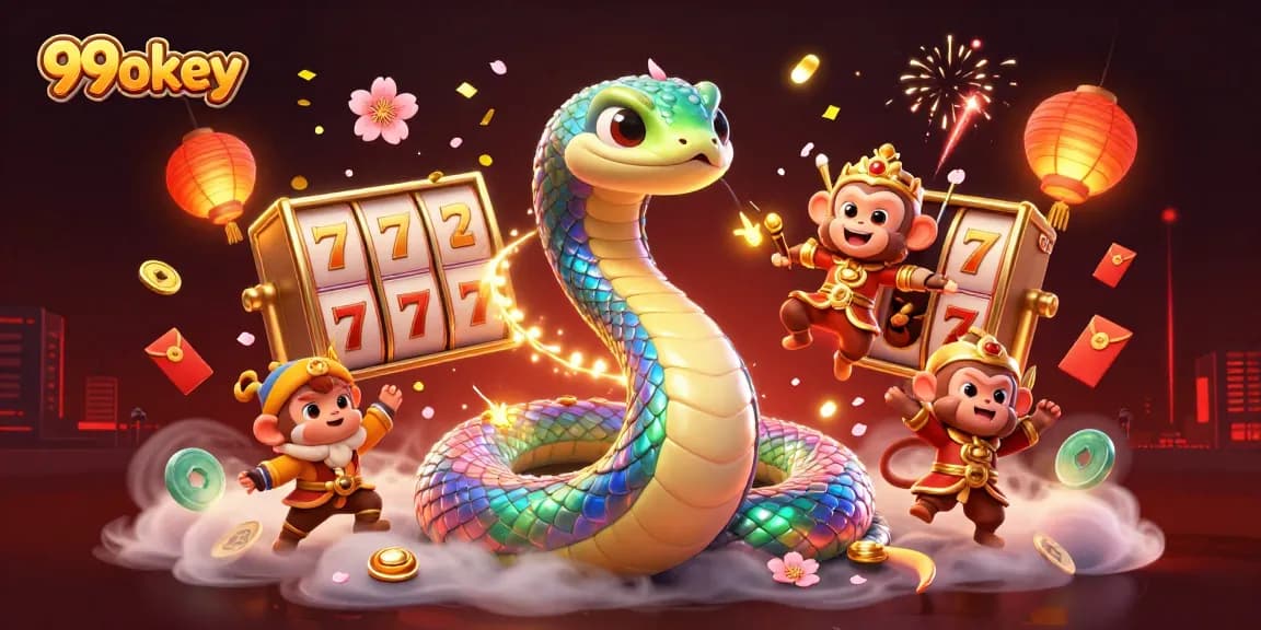 Win big with 99okey in a vibrant 3D casino illustration featuring a rainbow serpent and slot reels.
