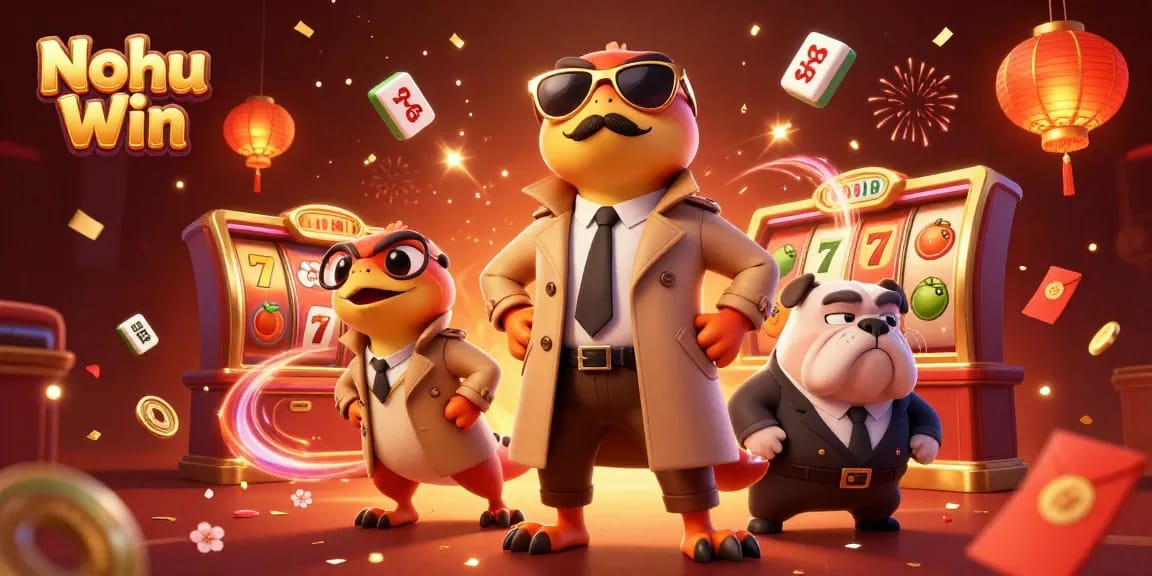 Nohu Win showcases a humorous scene with raptors in a trench coat entering a VIP casino lounge, surrounded by festive elements.