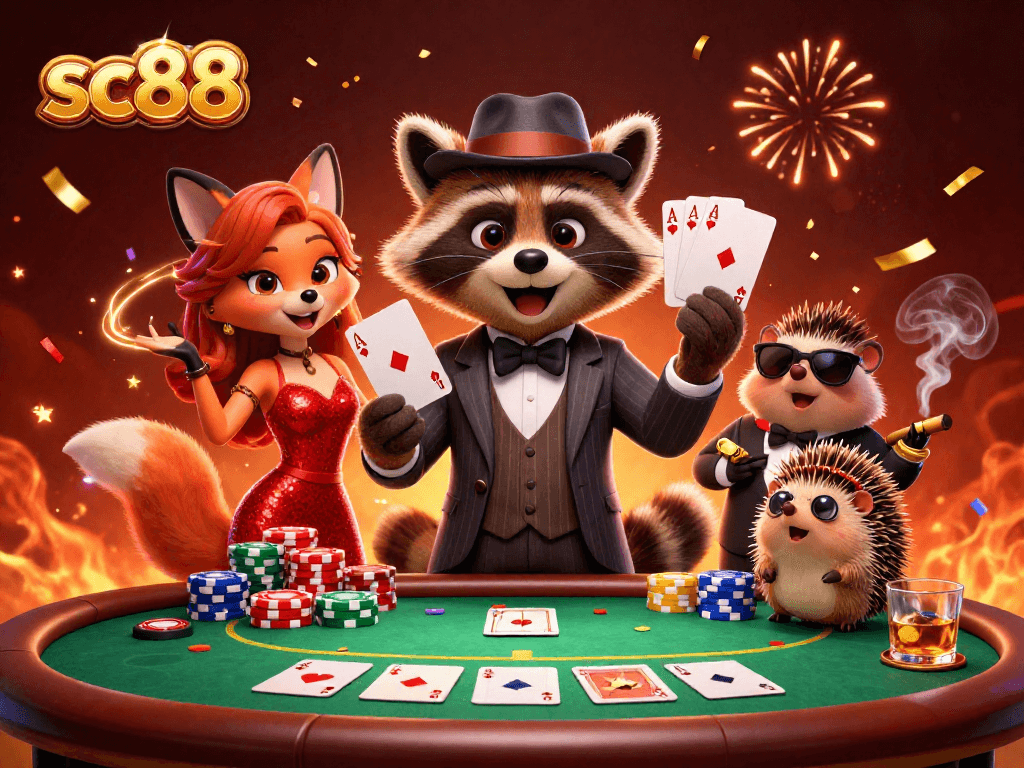 Experience the thrill of sc88 casino gaming with captivating characters and vibrant poker elements.