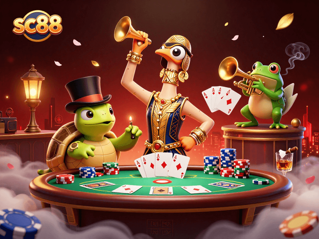 Experience thrilling play at sc88 with a vibrant casino scene showcasing characters and poker elements.