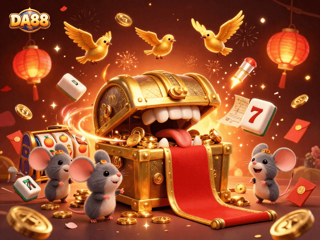 Engage with DA88's vibrant casino scene filled with treasure mice, slot reels, and festive elements.