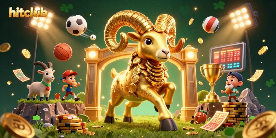 Hitclub’s vibrant casino scene showcases golden ram charging through with sports balls flying around.