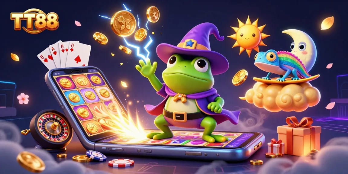 Experience thrilling gameplay with TT88's vibrant casino world highlighted by golden coins and a chameleon.
