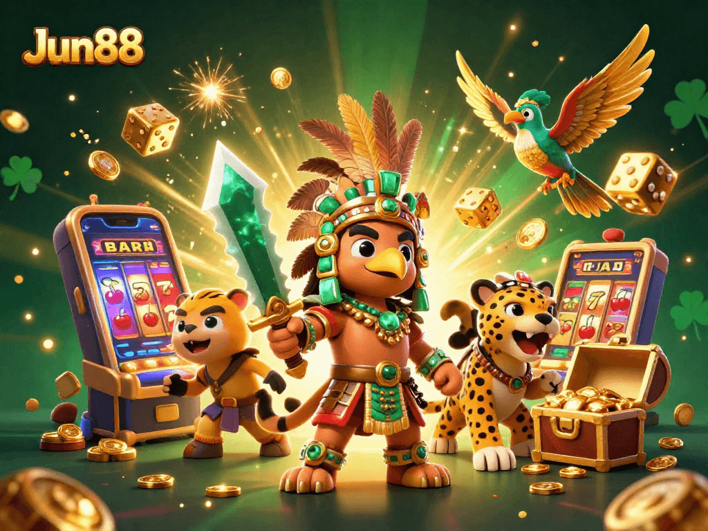 Experience thrilling wins with Jun88's vibrant casino world, showcasing Aztec warriors and jackpot excitement.