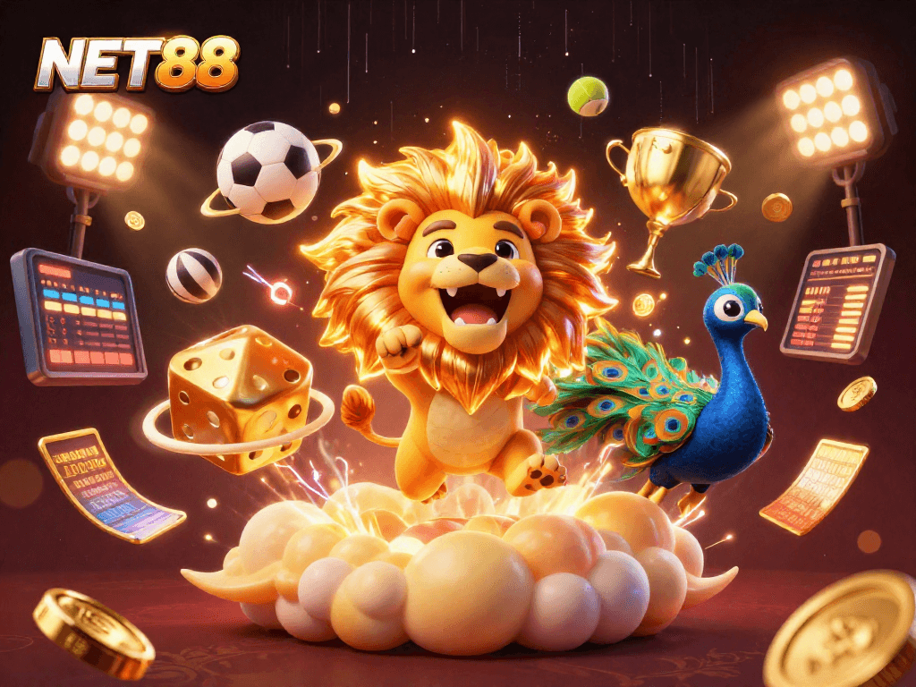Experience the thrilling action of NET88 with dynamic casino elements and vibrant graphics.