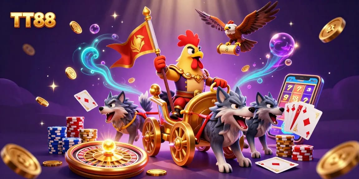 Experience TT88's thrilling gaming adventure with a rooster warlord in an epic casino scene.
