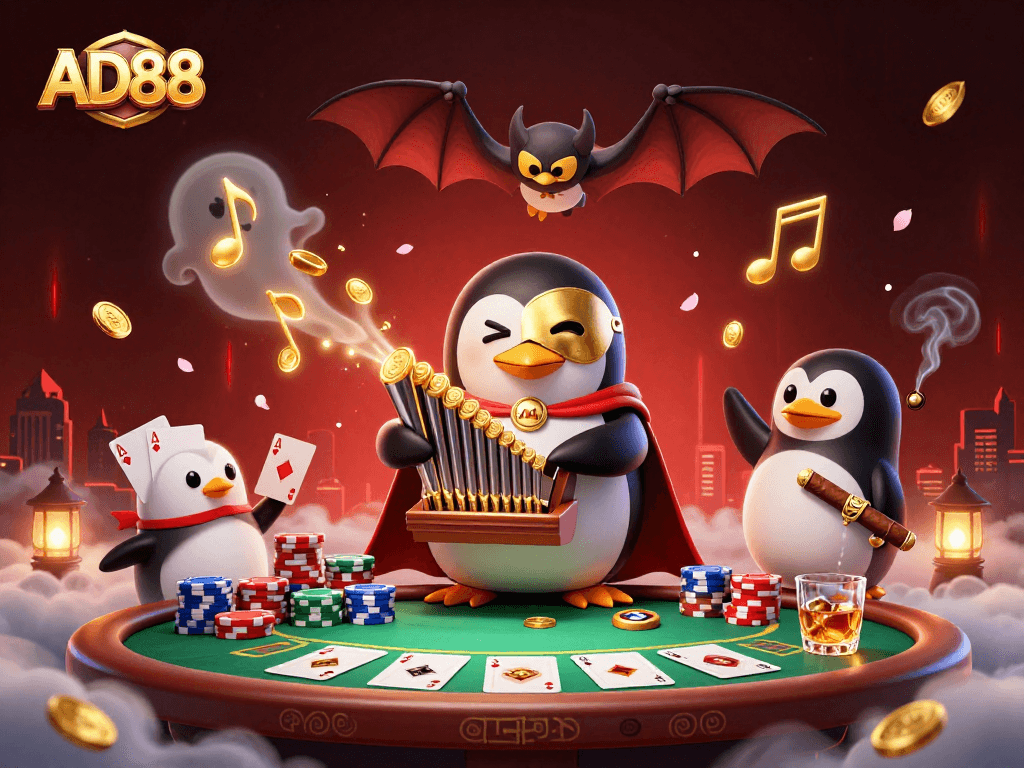 Engage with AD88's thrilling casino atmosphere as the 3D cartoon phantom opera penguin captivates players at a poker table.