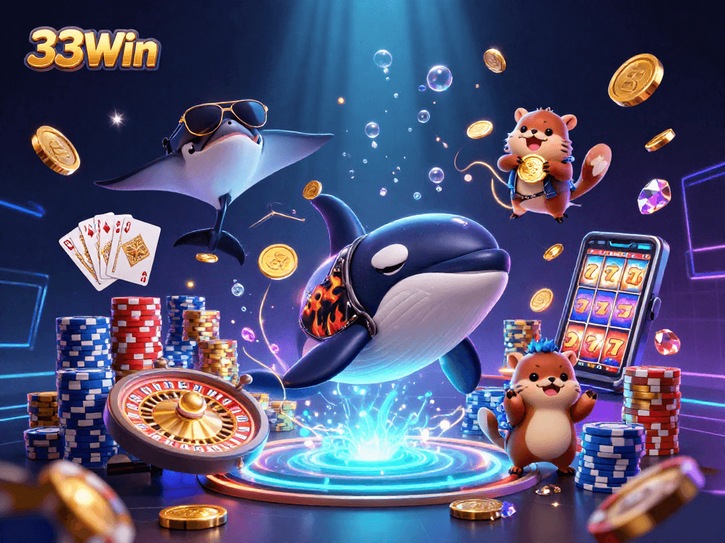 Earn exciting wins at 33Win with a vibrant illustration showcasing thrilling gambling moments.