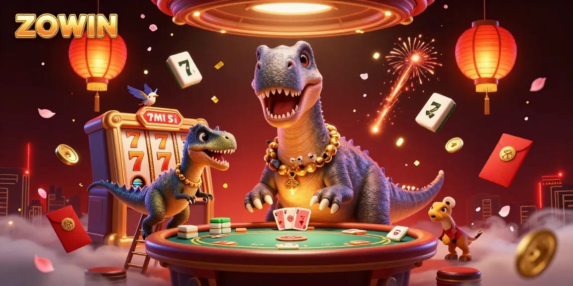 ZOWIN players witness a colossal brontosaurus in a vibrant casino scene dealing poker cards amidst festive elements.
