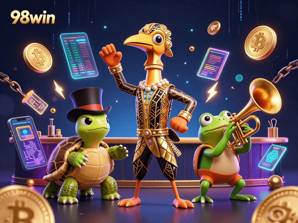 Engage with 98win's vibrant casino scene featuring a cheerful crane and top-hat turtle enjoying gaming excitement.