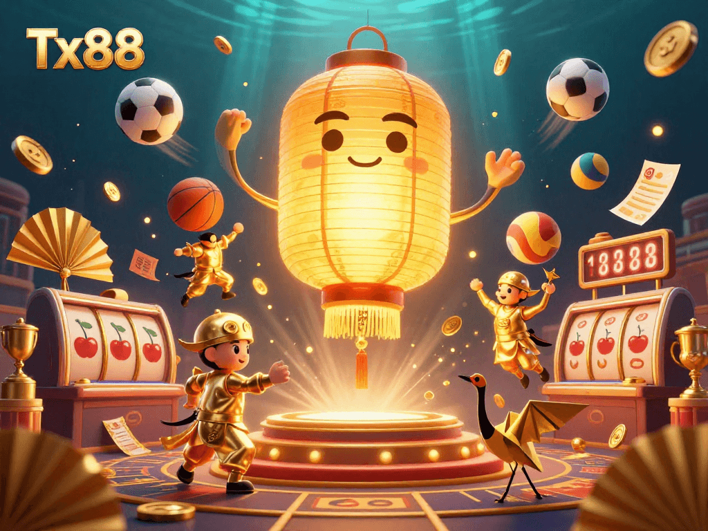 Engage with exciting games and opportunities at Tx88, featuring a vibrant 3D illustration of casino elements.