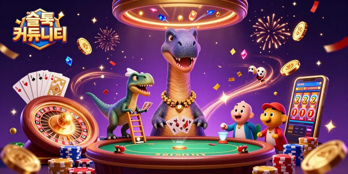 Engage with the vibrant 감동의 슬롯 커뮤니티 featuring a playful brontosaurus, raptor, and a cascade of thrilling casino elements.