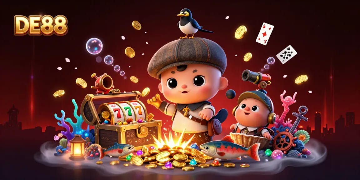 Experience the vibrant DE88 service with interactive symbols, including playful Nessie and slot reels amidst treasures.