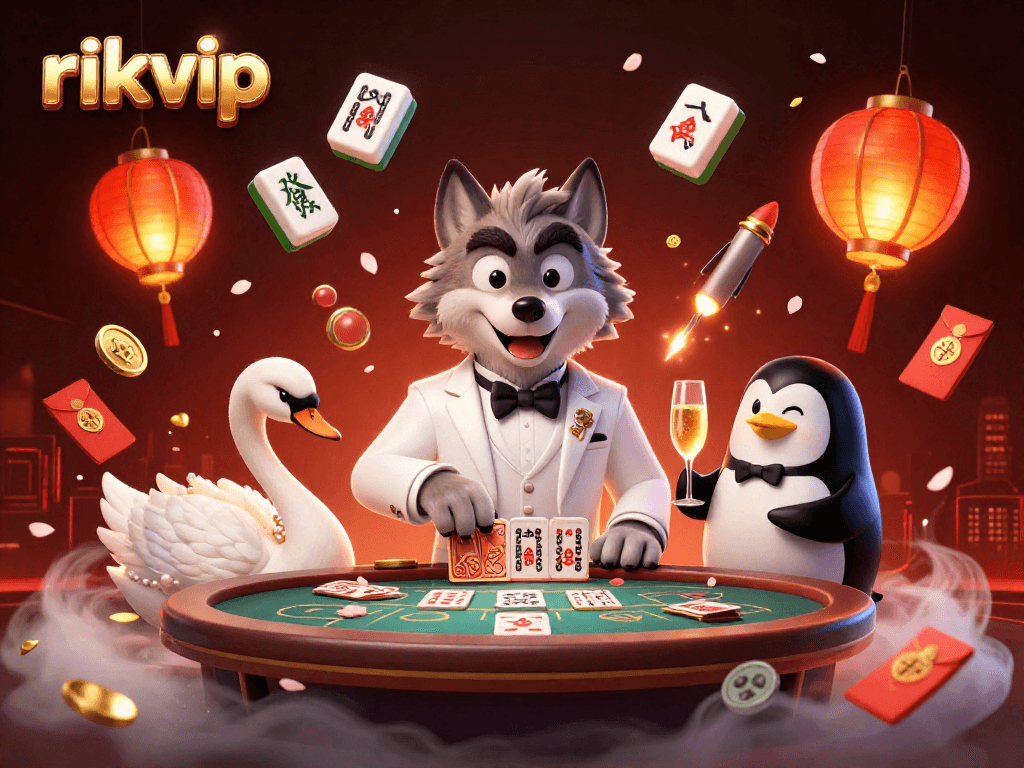 Play rikvip and engage in lively baccarat with animated characters and festive elements.
