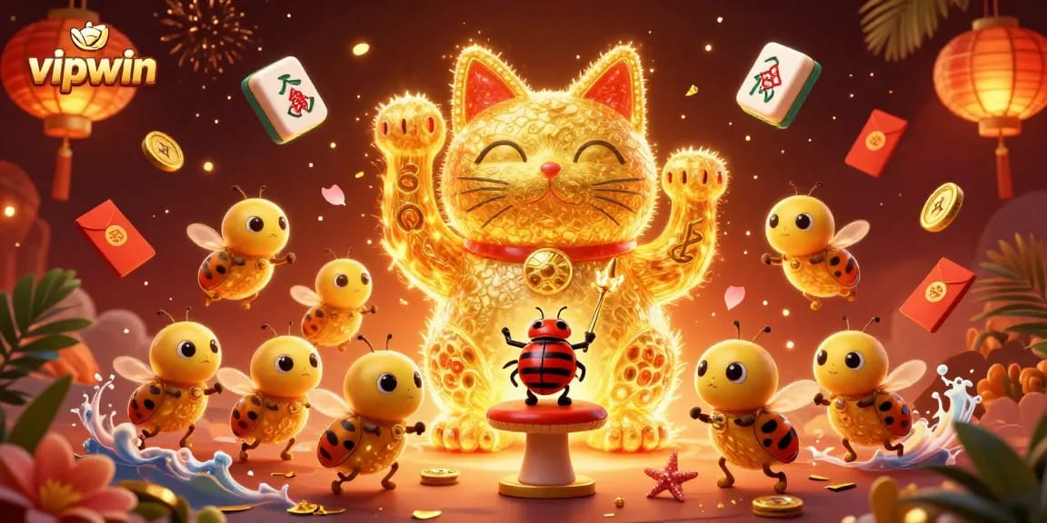 Experience joy with vipwin's dynamic 3D illustration of a lucky cat surrounded by festive casino symbols.