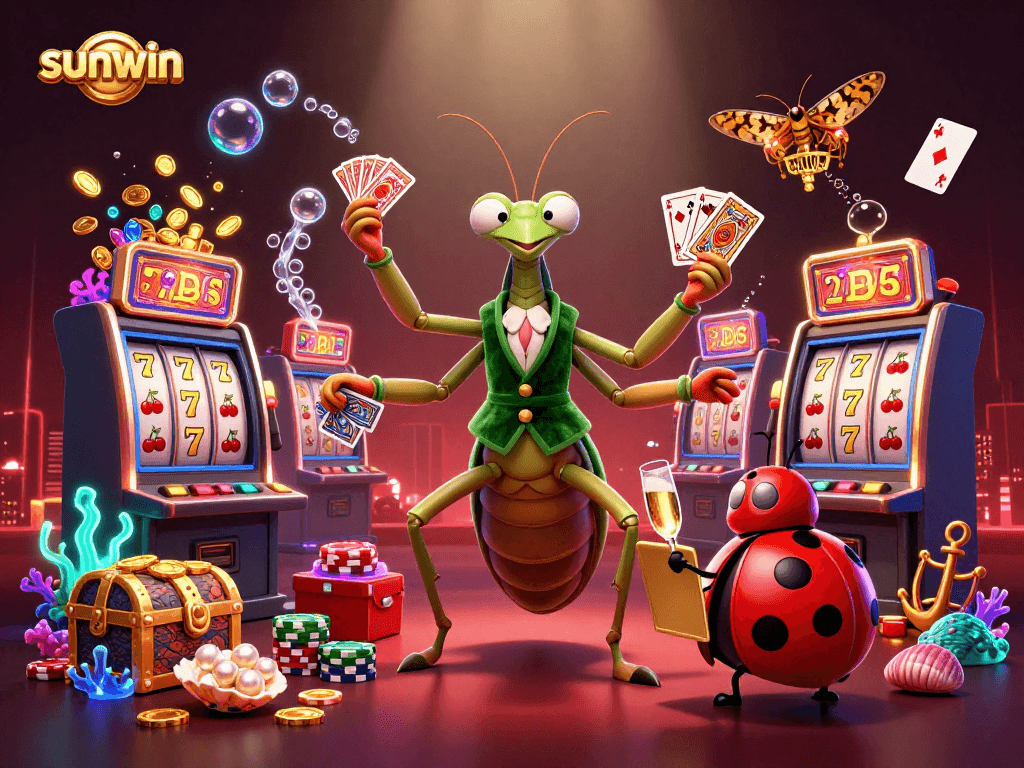 Win big at sunwin with vibrant slot reels and dynamic casino characters.