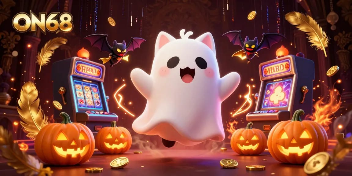 Engage in thrilling gameplay at ON68 with the floating ghost cat and vibrant casino elements.