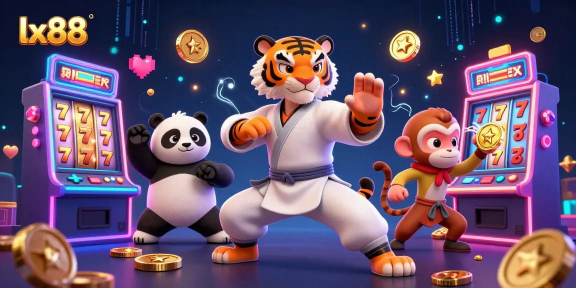 Experience thrilling slots with lx88, featuring a kung fu tiger in a vibrant casino scene.
