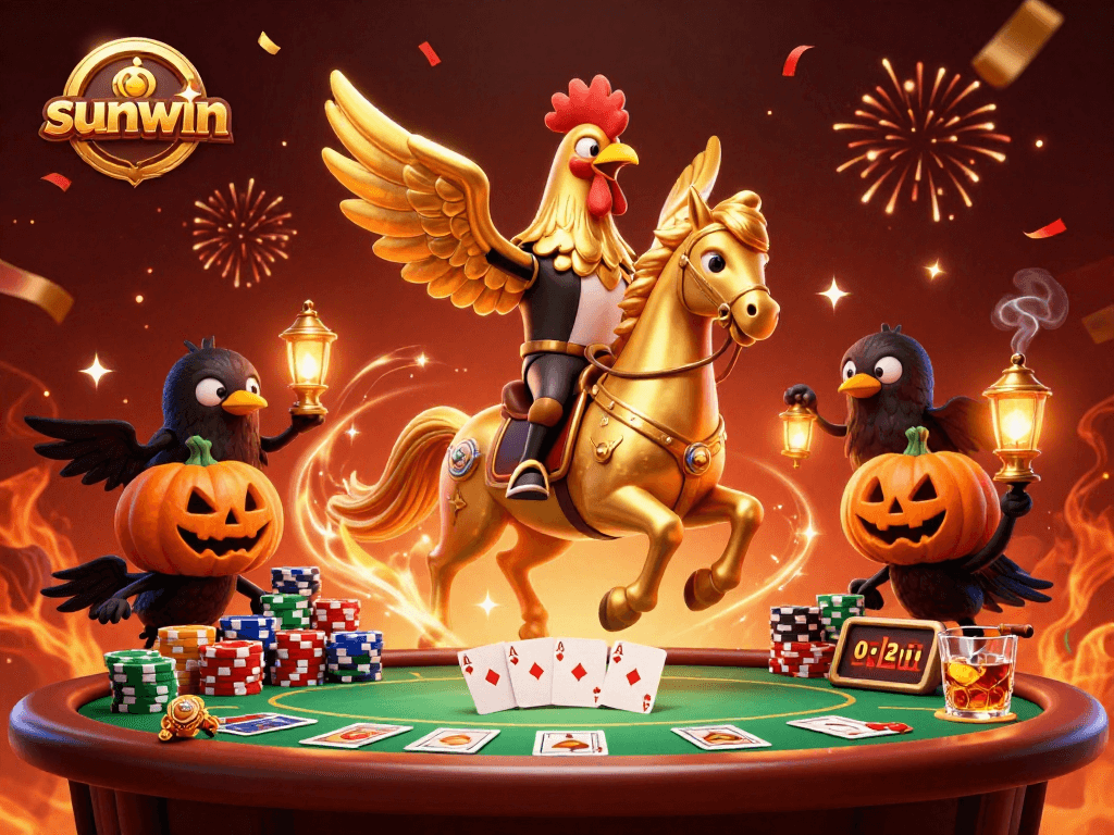 Experience the thrilling sunwin casino with a dynamic 3D illustration featuring lively characters and vibrant game elements.