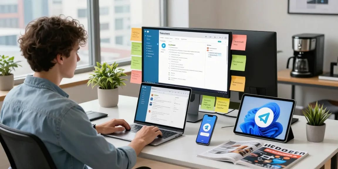 Engaging workspace for Telegram下载 enthusiasts showcasing a vibrant tech environment.