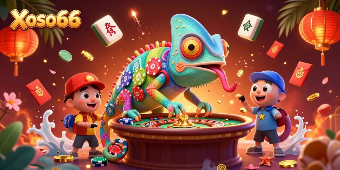 Xoso66 promotes thrilling gaming with a vibrant chameleon casino owner, capturing a dynamic gambling scene.