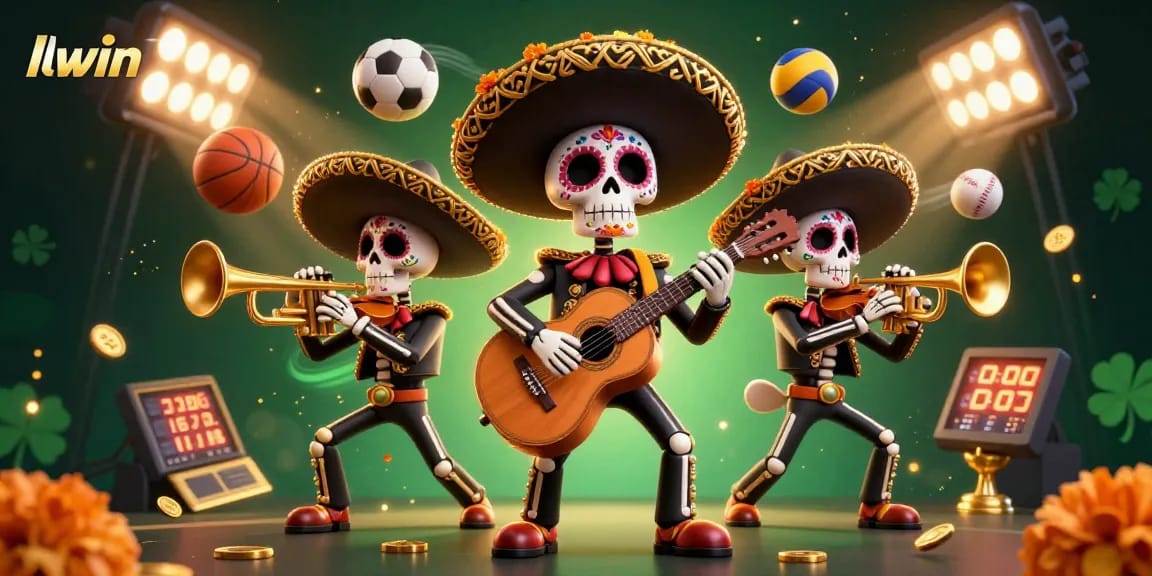 llwin enchants gamblers with a vibrant mariachi band amidst dynamic sports elements and a lively casino backdrop.