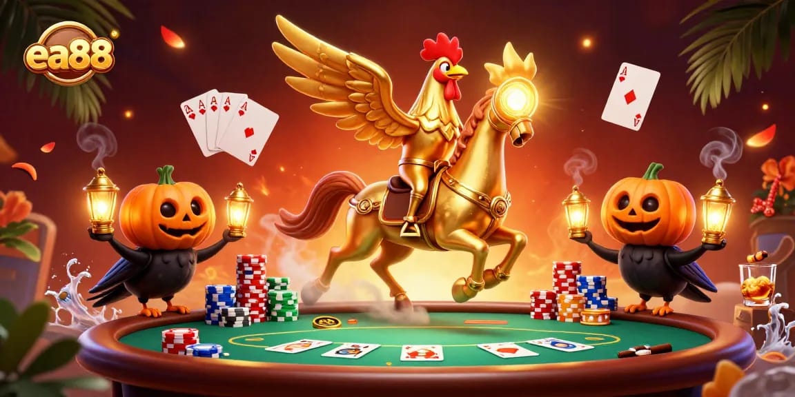 Experience joyful thrills at ea88 with a vibrant gaming scene featuring a golden rooster and poker elements.
