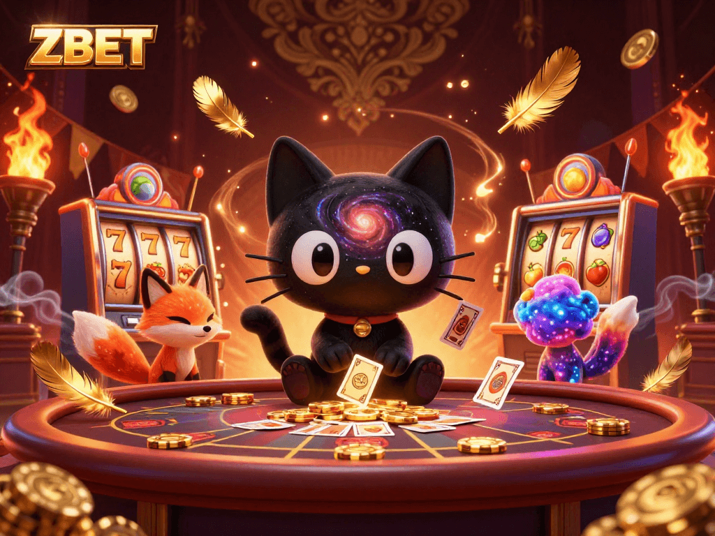 ZBET captivates players with a cosmic casino illustration featuring a playful black hole cat.