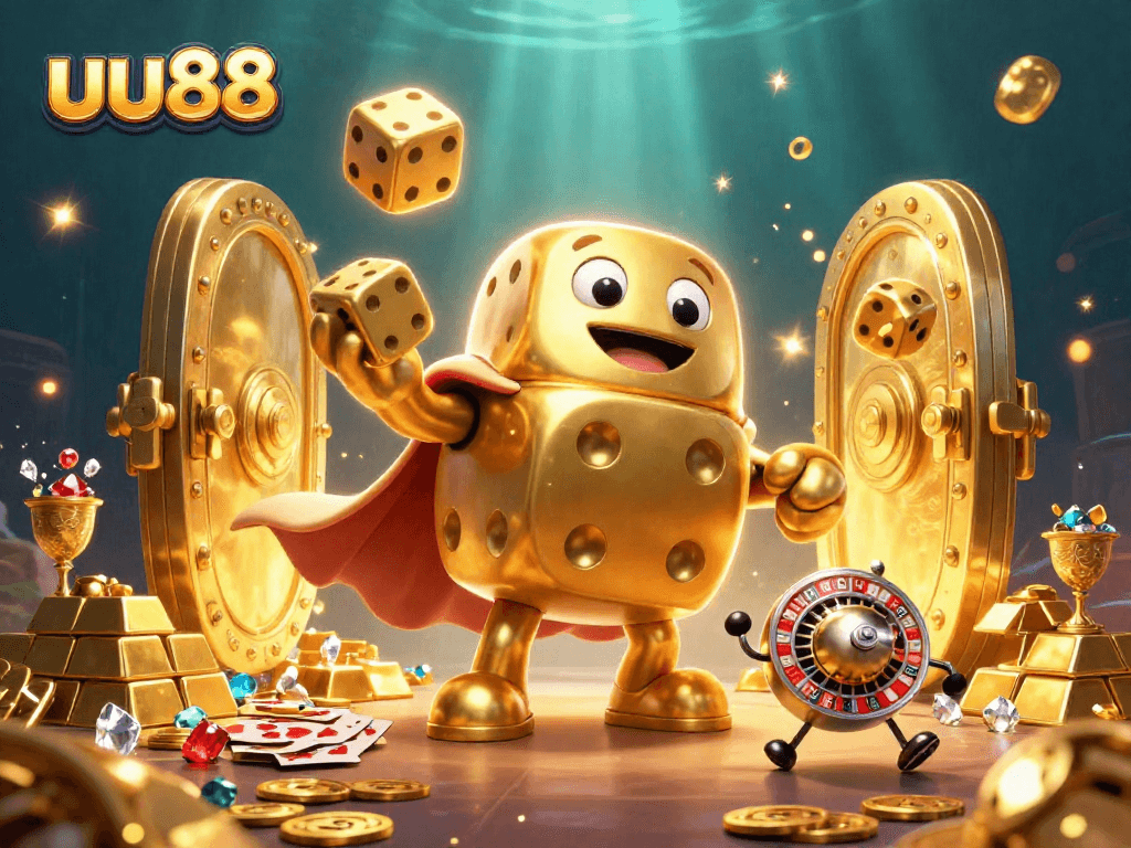 uu88 players experience vibrant casino excitement juggling golden dice and treasures.