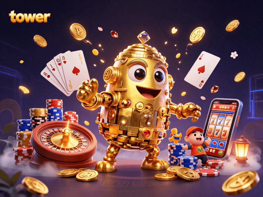 Engage with tower gameplay featuring a golden golem, vibrant poker chips, and spinning roulette wheels.