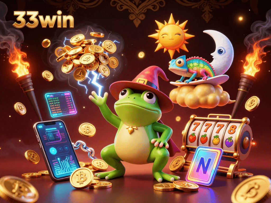 Experience the thrill of 33win with a vibrant scene of coins and gaming elements in action.