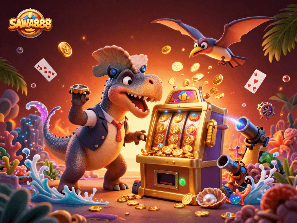 SAWA888 slot machine explodes with coins as dinosaurs create chaos in this casino-themed scene.