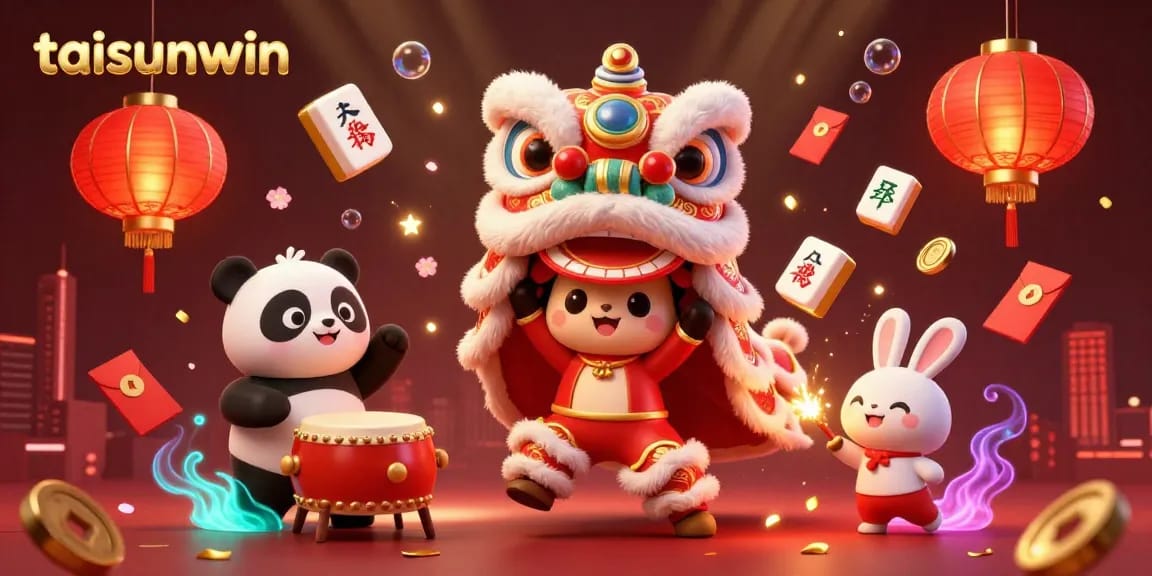 Experience the excitement of taisunwin with a festive lion dance scene featuring vibrant characters and gambling elements.