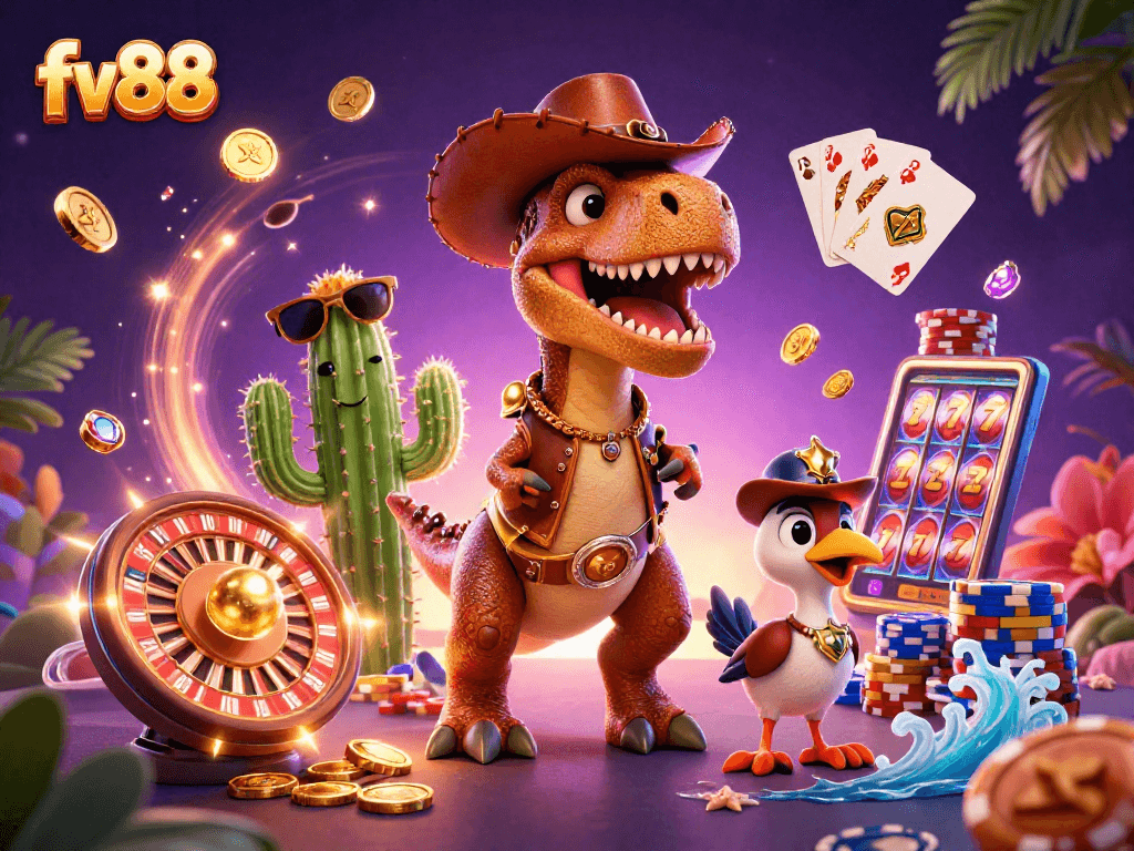 Experience excitement with fv88 in a vivid 3D illustration of a cowboy dinosaur and friends.
