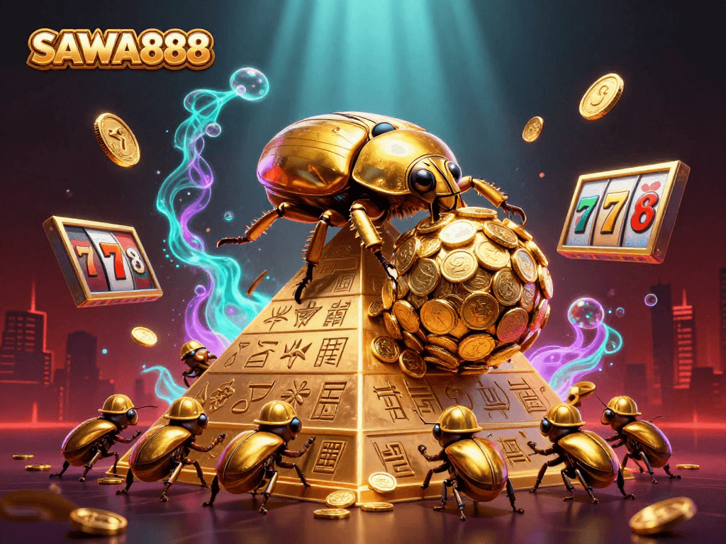 Experience the excitement of SAWA888 with a massive golden beetle rolling coins up a pyramid.