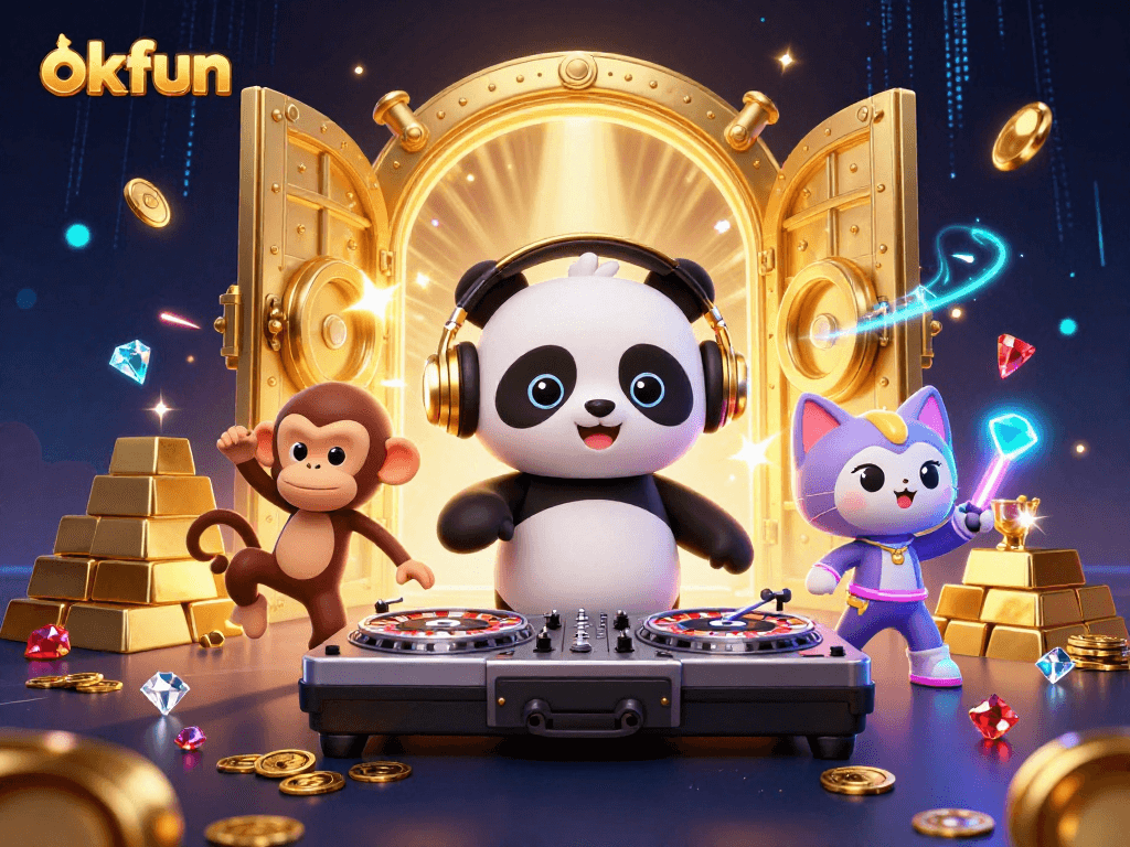 Engage with okfun’s vibrant casino scene featuring a DJ panda, dancing monkey, and glowing kitten.