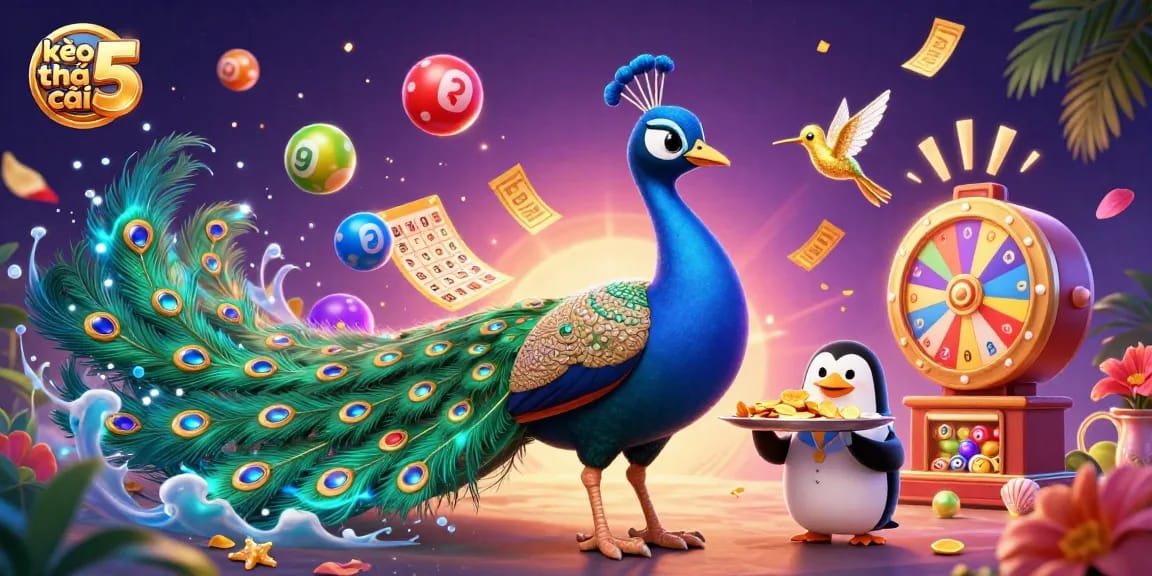 Engage with kèo nhà cái 5 through a vibrant, lively scene of dynamic lottery and casino elements.