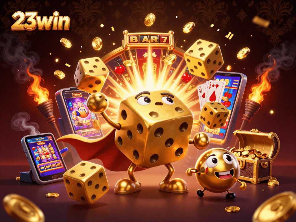 Experience the thrill of 23win with a vibrant scene featuring golden dice and slot machines.