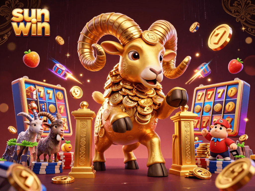 Engage with sun win's gaming excitement featuring a golden ram charging towards victories in a vibrant casino scene.