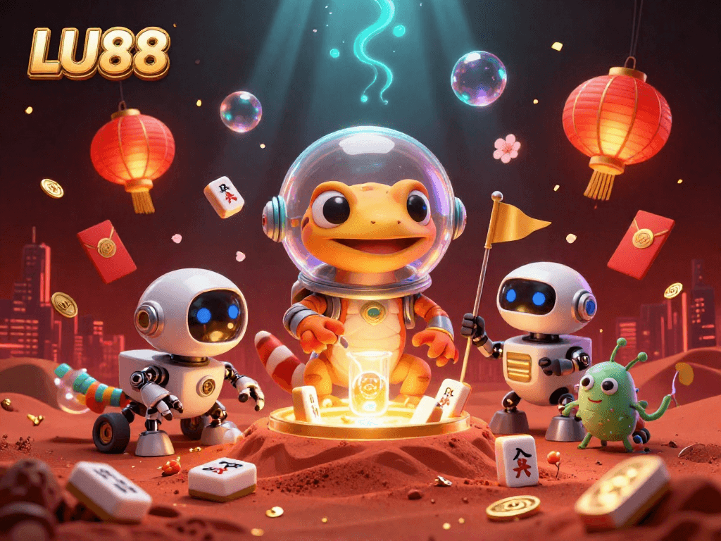 LU88 showcases a vibrant scene of a Martian gecko uncovering a golden casino amidst cheering alien bacteria, highlighting casino excitement.