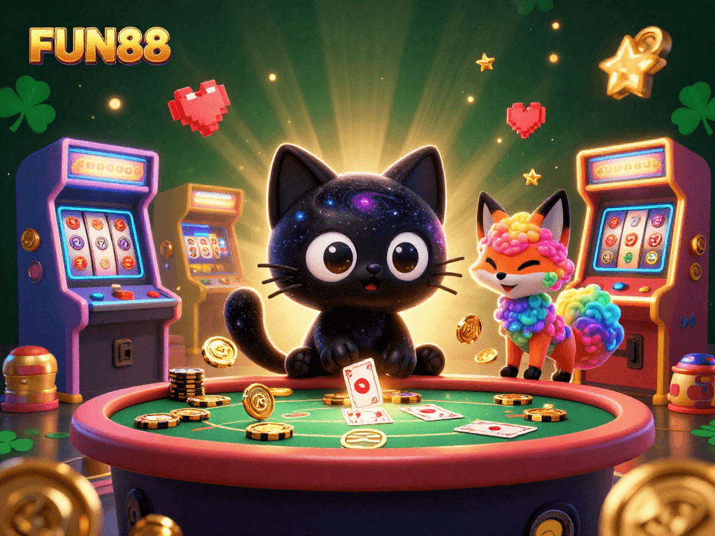 Engage with FUN88's cosmic casino featuring a black hole cat and nebula fox among vibrant slot elements.